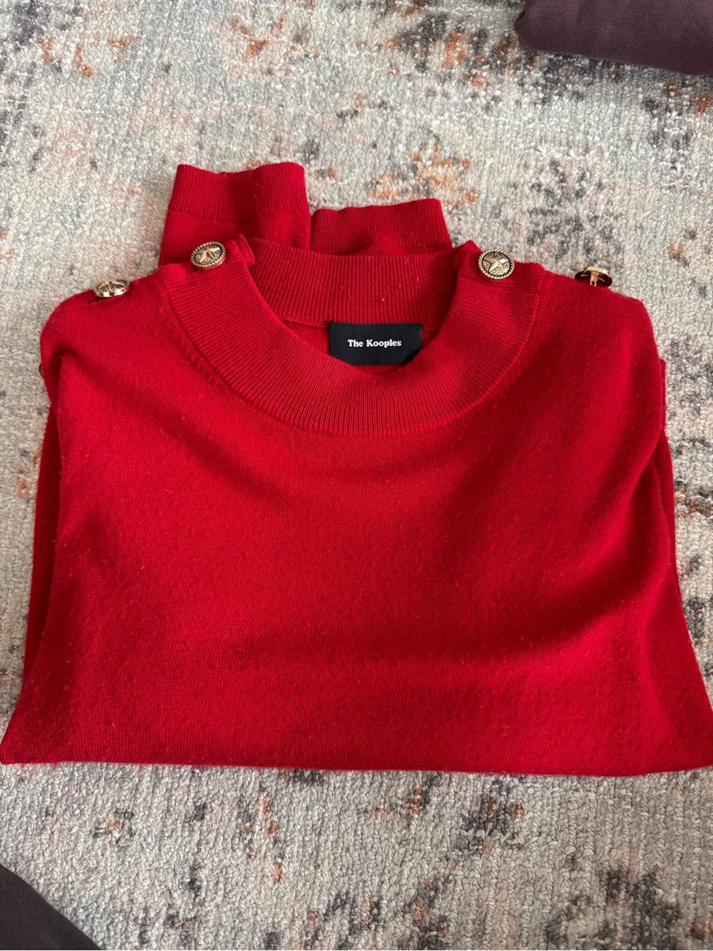 The Kooples Bright Red Crewneck Sweater with Gold Shoulder Buttons